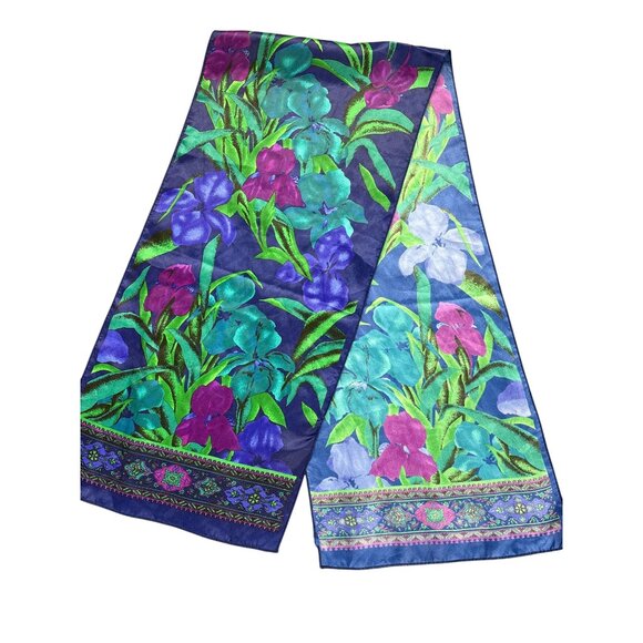 Vintage Floral Scarf Vibrant Purple Green Blue Iris Design Headwear - Picture 1 of 4